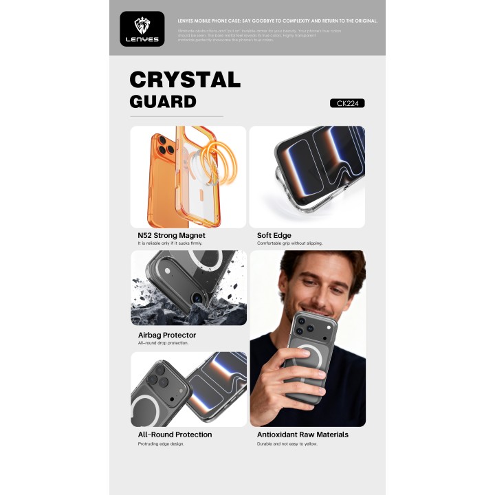 Funda Lenyes CK224: Transparencia Anti-Amarilleo con MagSafe Ultra Potente