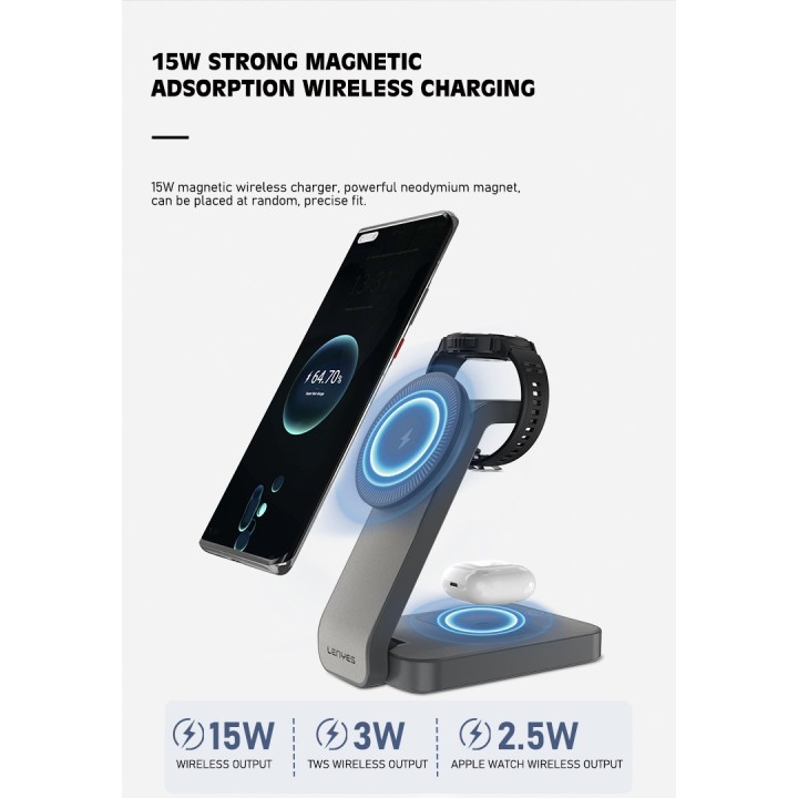 Cargador Inalámbrico Lenyes PW313 Gris – 15W Fast Charge