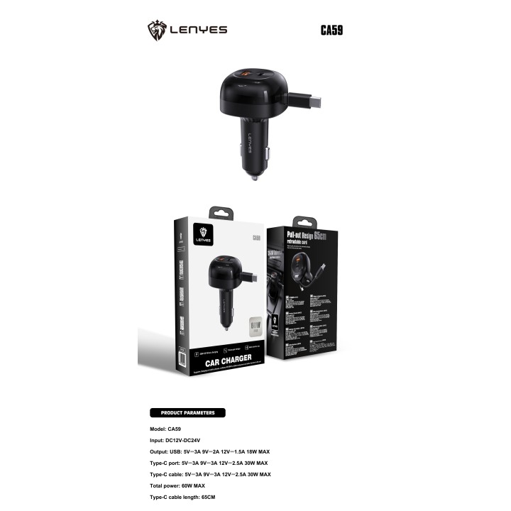 Cargador de Coche Lenyes CA59 – 60W con Cable USB-C Retractil