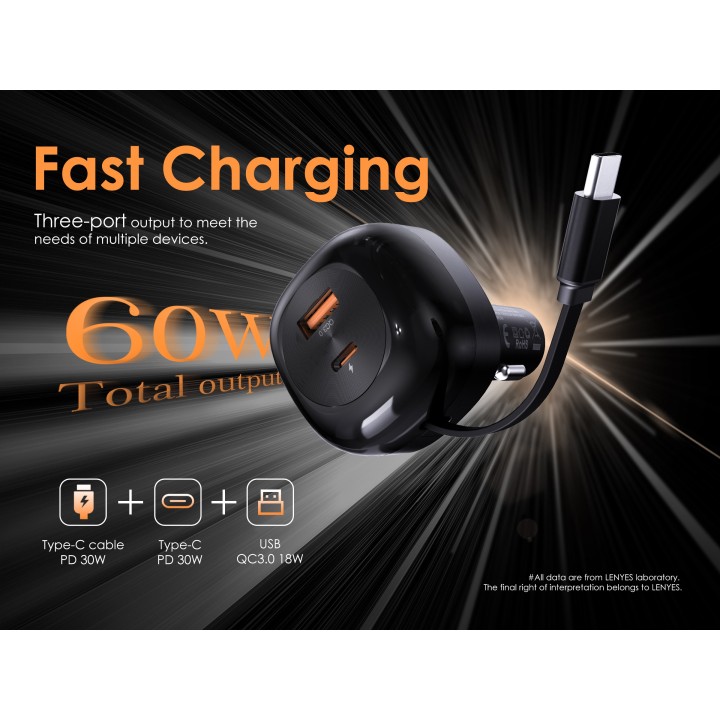 Cargador de Coche Lenyes CA59 – 60W con Cable USB-C Retractil