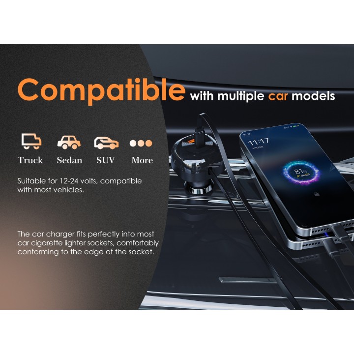 Cargador de Coche Lenyes CA59 – 60W con Cable USB-C Retractil