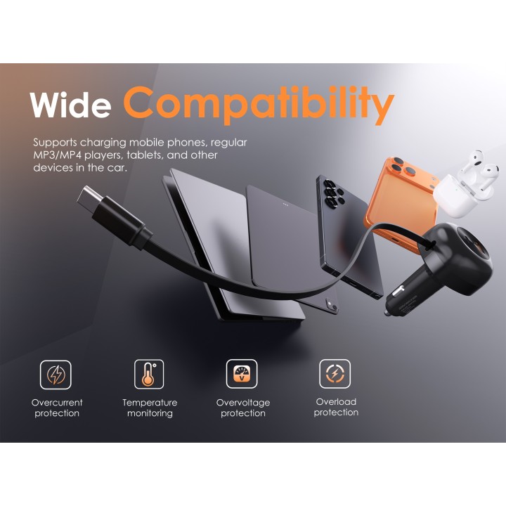 Cargador de Coche Lenyes CA59 – 60W con Cable USB-C Retractil