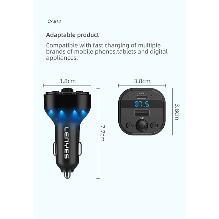 Transmisor FM Lenyes CA813 – Cargador 15W con Cables Integrados