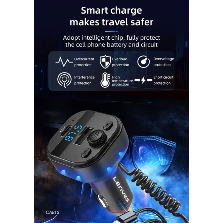Transmisor FM Lenyes CA813 – Cargador 15W con Cables Integrados