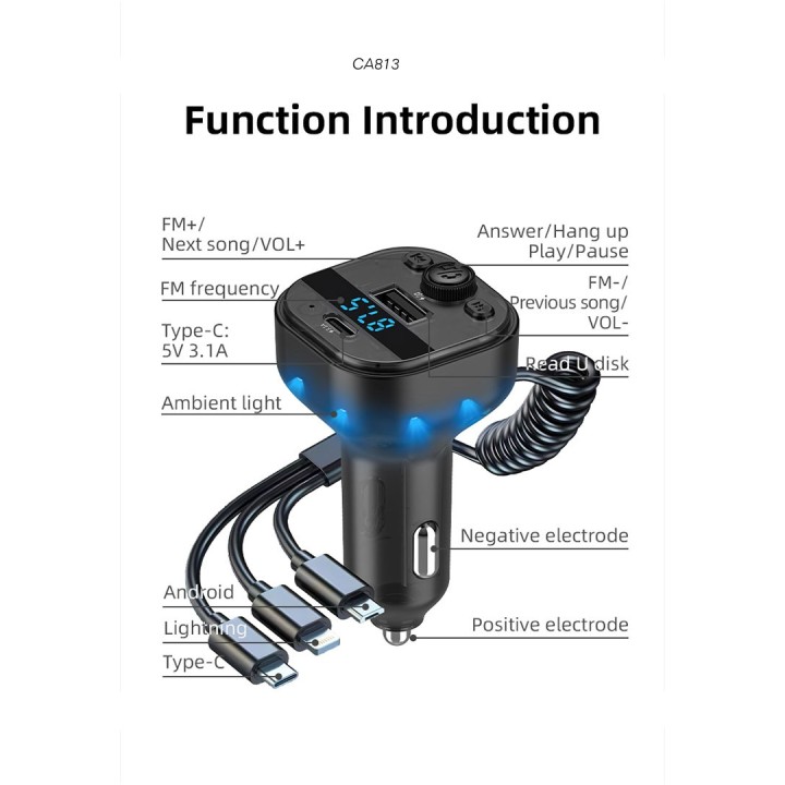 Transmisor FM Lenyes CA813 – Cargador 15W con Cables Integrados