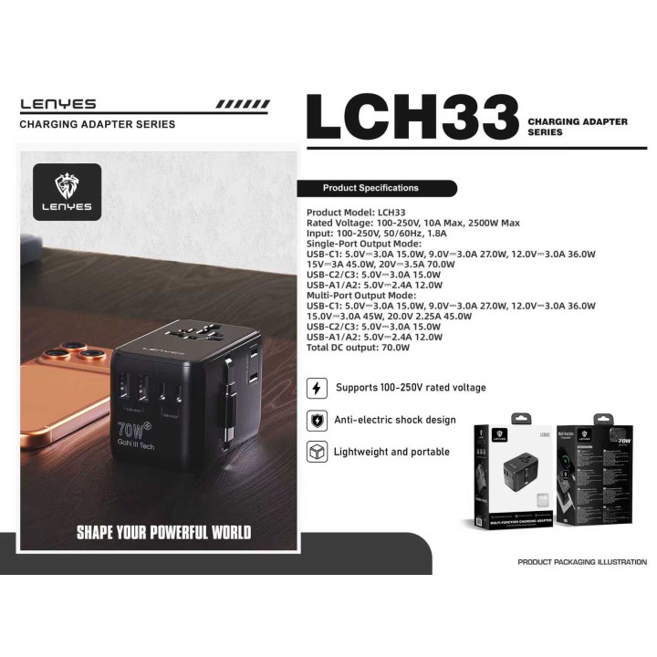 Adaptador Lenyes LCH33 – Viaje 70W GaN II