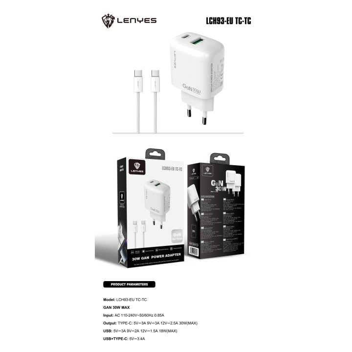 Cargador Lenyes LCH93+Cable Tipo C – Pack LCH93 GaN 30W