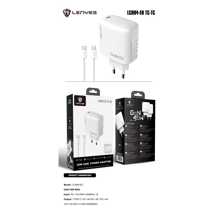 Cargador Lenyes LCH94+Cable TipoC – LCH94 GaN 45W