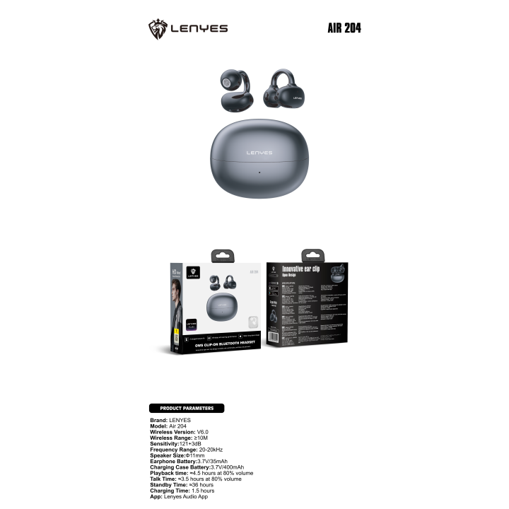 Auriculares Open-Ear Lenyes Air 204 Negro – Bluetooth 6.0