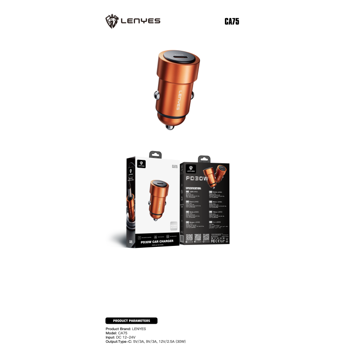 Cargador de Coche Lenyes CA75 Naranja – PD 30W Fast Charge