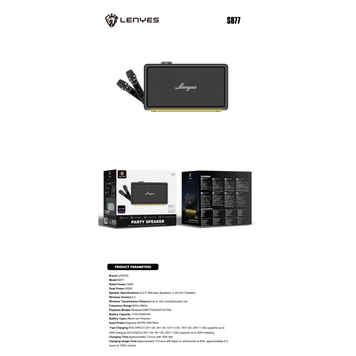 Altavoz Party Box Lenyes S877 200W Negro al por Mayor | WePhone