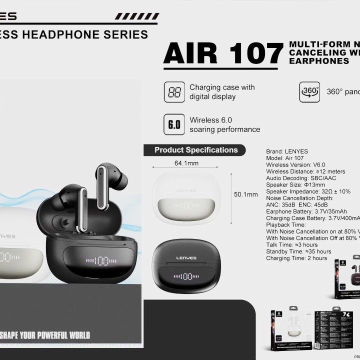 Auriculares TWS Lenyes Air 107 Blanco – Altavoz de Cobre 13mm