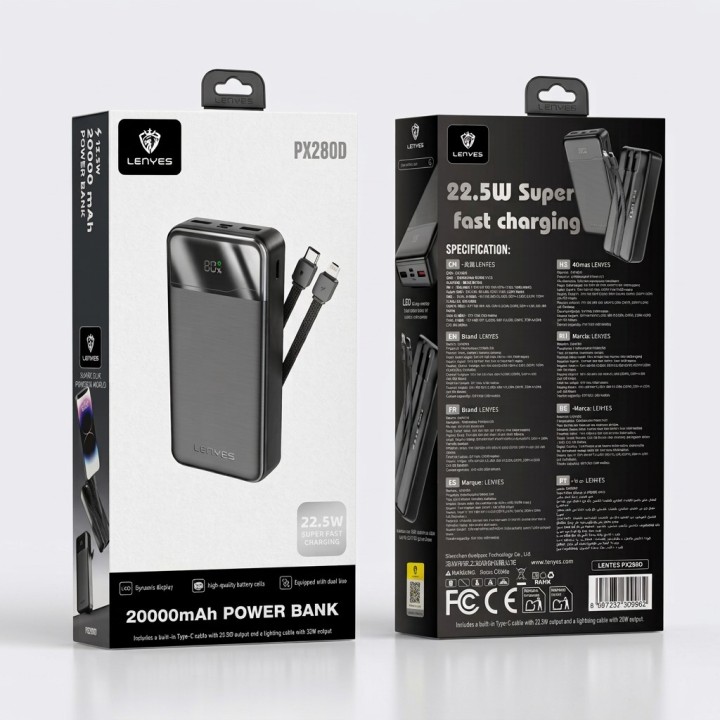 Power Bank Lenyes PX280D – 20000mAh 22.5W con Cables