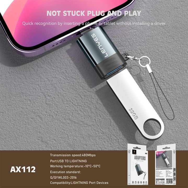 Adaptador Lenyes AX112 – L- USB-Lightning – Carga y Datos 480Mbps