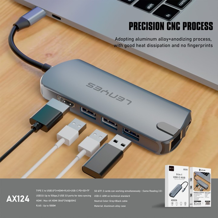 Adaptador Multipuesto Lenyes AX124 – Hub USB-C 8 en 1 – Estación