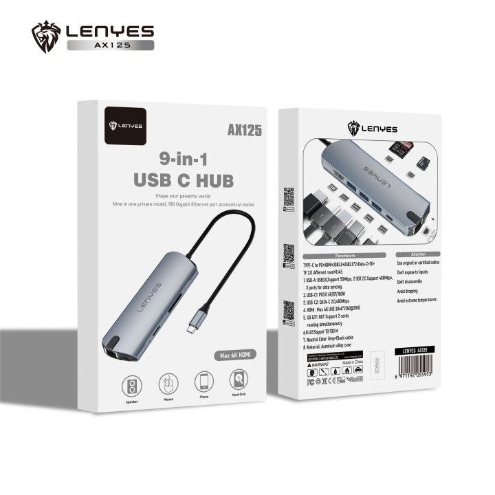 Hub USB-C Lenyes AX125 – 9 en 1 – Estación de Acoplamiento con 4K