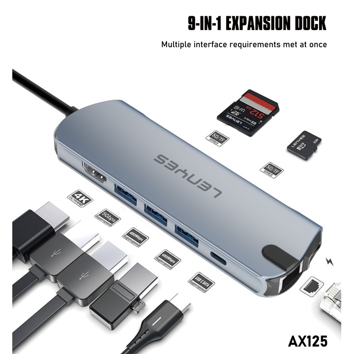 Hub USB-C Lenyes AX125 – 9 en 1 – Estación de Acoplamiento con 4K