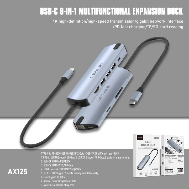 Hub USB-C Lenyes AX125 – 9 en 1 – Estación de Acoplamiento con 4K