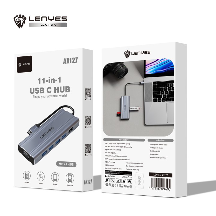 Hub USB-C Lenyes AX127 – 11 en 1 –Estación de Acoplamiento con 4K
