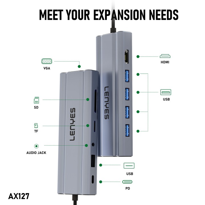 Hub USB-C Lenyes AX127 – 11 en 1 –Estación de Acoplamiento con 4K