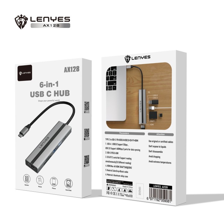 Hub USB-C Lenyes AX128 – 6 en 1 – Adaptador con HDMI 4K, Carga PD