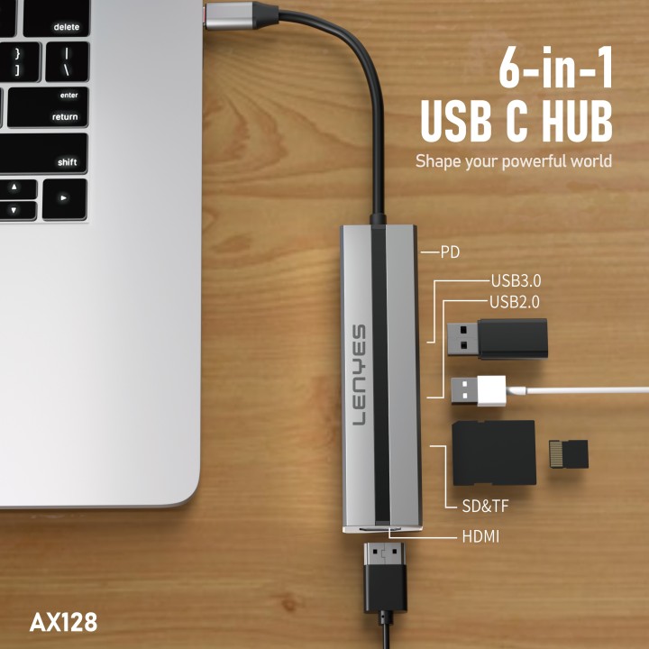 Hub USB-C Lenyes AX128 – 6 en 1 – Adaptador con HDMI 4K, Carga PD