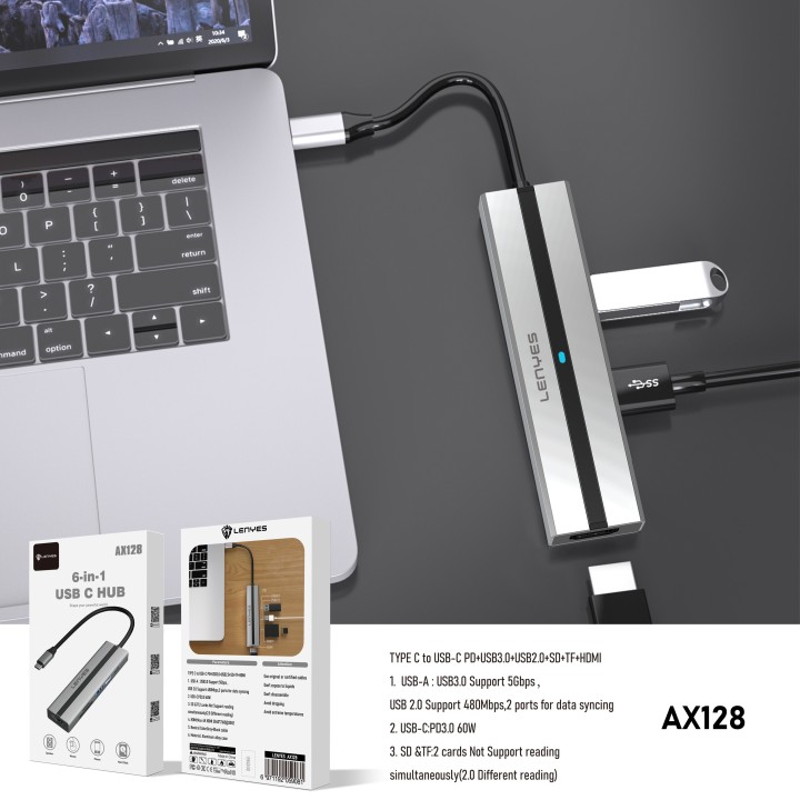 Hub USB-C Lenyes AX128 – 6 en 1 – Adaptador con HDMI 4K, Carga PD