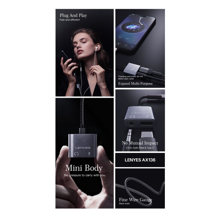 Adaptador de Audio y Carga Lenyes AX136 – 2 en 1 – USB-C a Jack