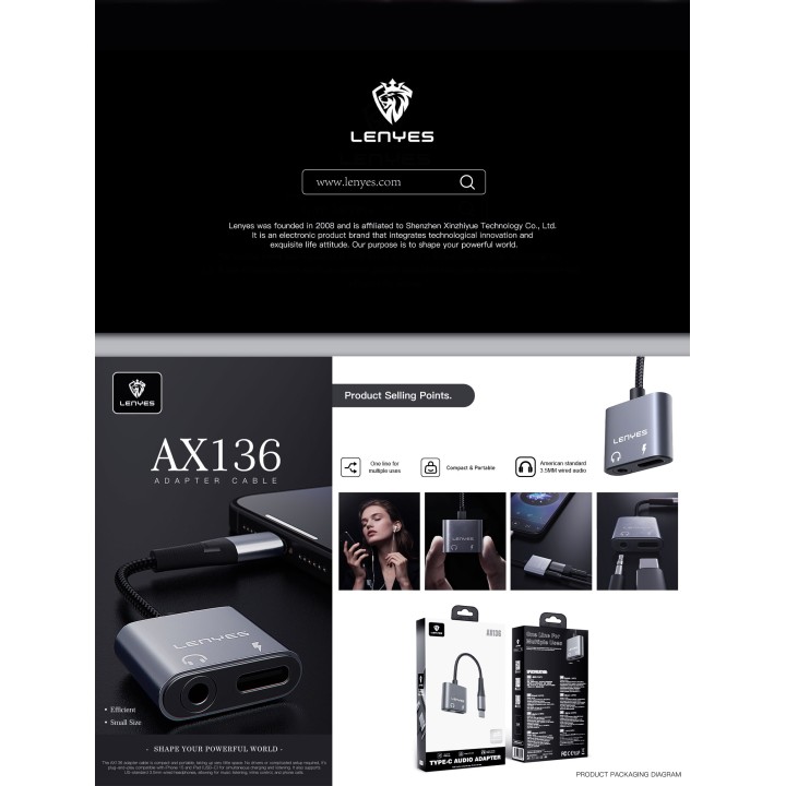 Adaptador de Audio y Carga Lenyes AX136 – 2 en 1 – USB-C a Jack