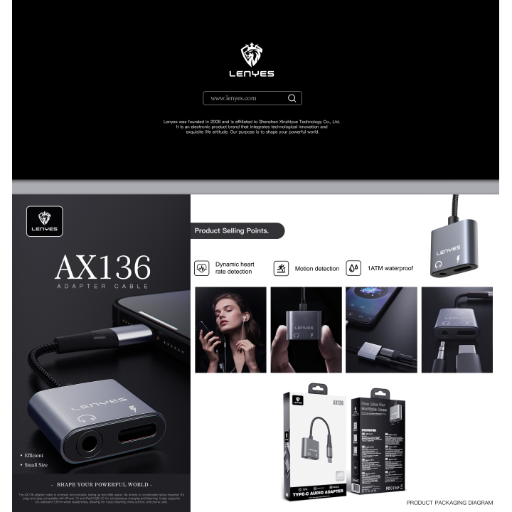 Adaptador de Audio y Carga Lenyes AX136 – 2 en 1 – USB-C a Jack