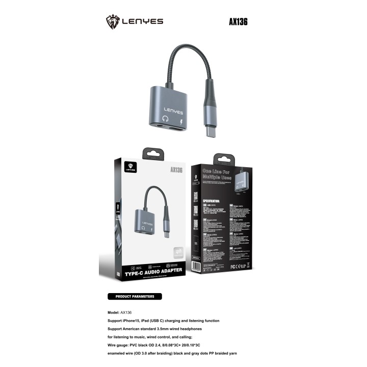 Adaptador de Audio y Carga Lenyes AX136 – 2 en 1 – USB-C a Jack