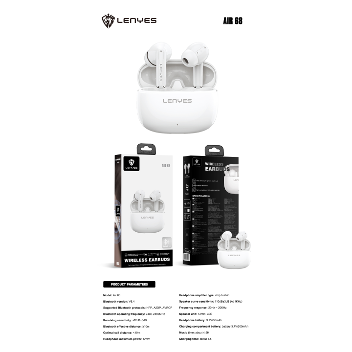 Auriculares TWS Lenyes Air 68 Blanco – Premium TWS