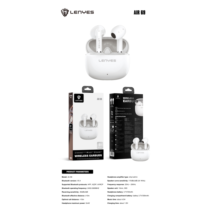 Auriculares TWS Lenyes Air 69 Blanco – Elite TWS