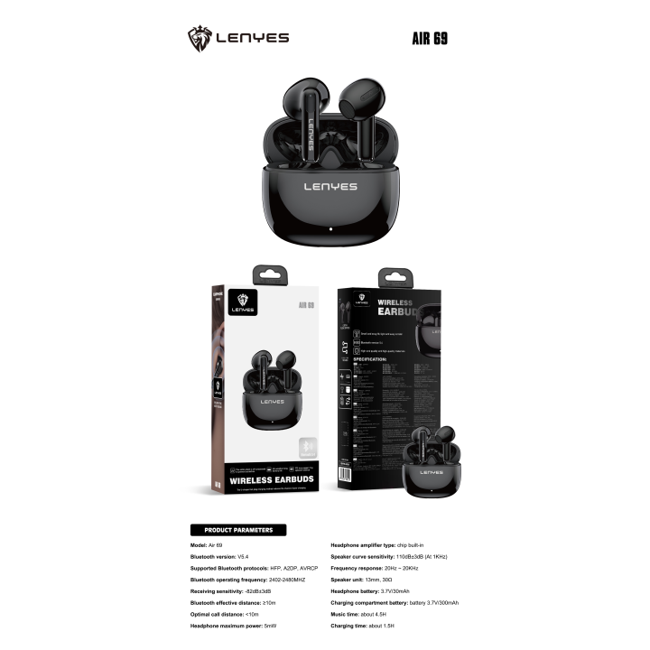 Auriculares TWS Lenyes Air 69 Negro – Elite TWS