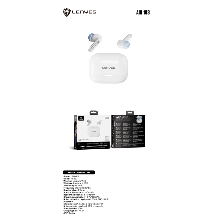 Auriculares TWS Lenyes Air 103 Blanco – Bluetooth 5.4