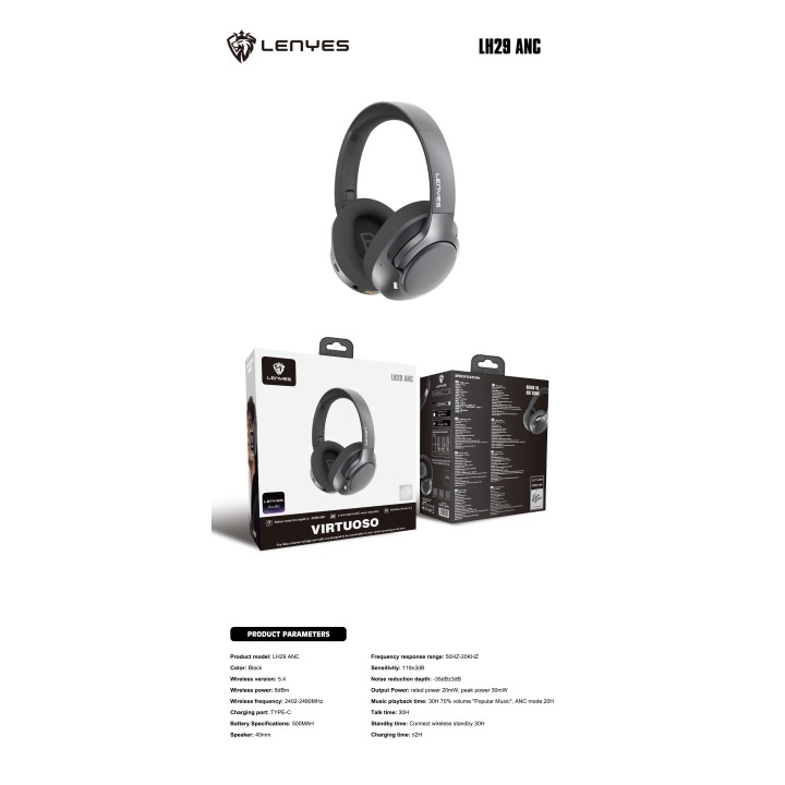 Auriculares de diadema Lenyes LH29ANC Negro – Cascos Bluetooth V5.4