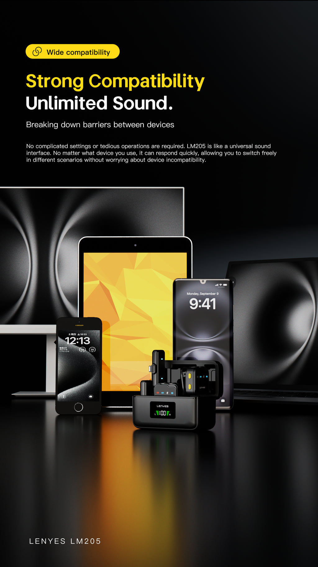 LENYES LM205 Micrófono Lavalier Inalámbrico Dual AI USB-C Lightning 6h 20m Negro