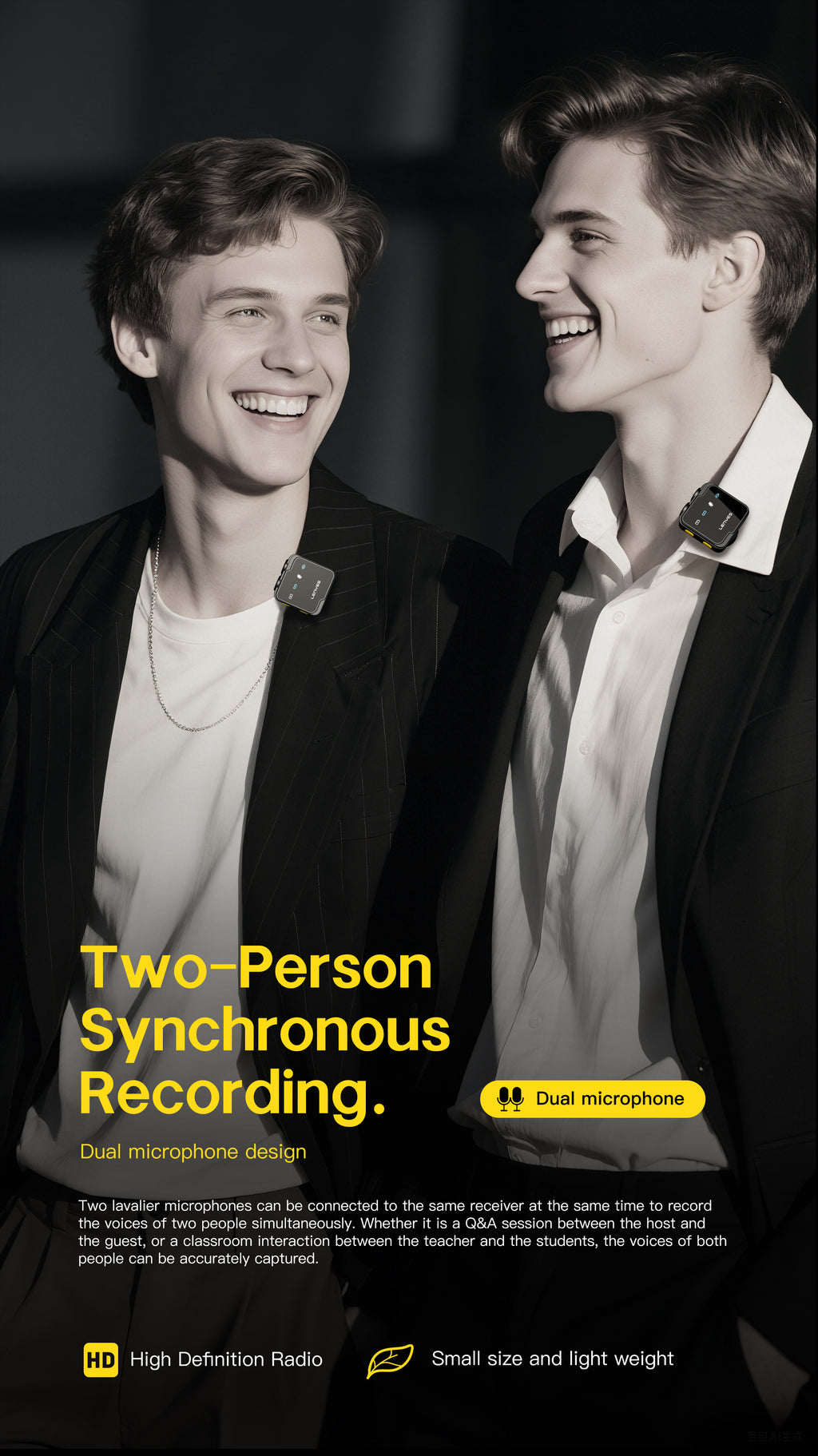 LENYES LM205 Micrófono Lavalier Inalámbrico Dual AI USB-C Lightning 6h 20m Negro