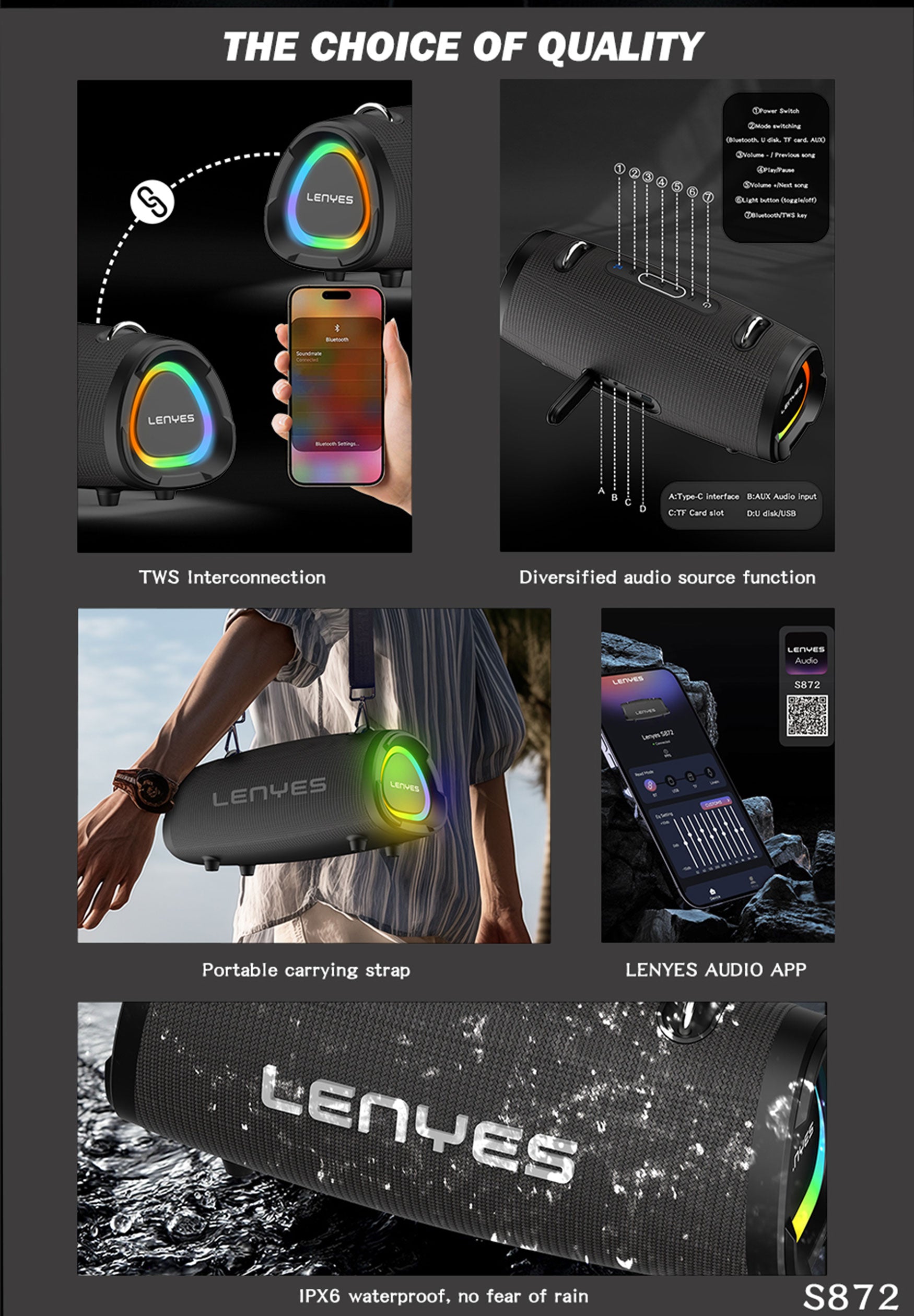 LENYES S872 Altavoz Bluetooth Portátil IPX6 TWS Compacto Negro