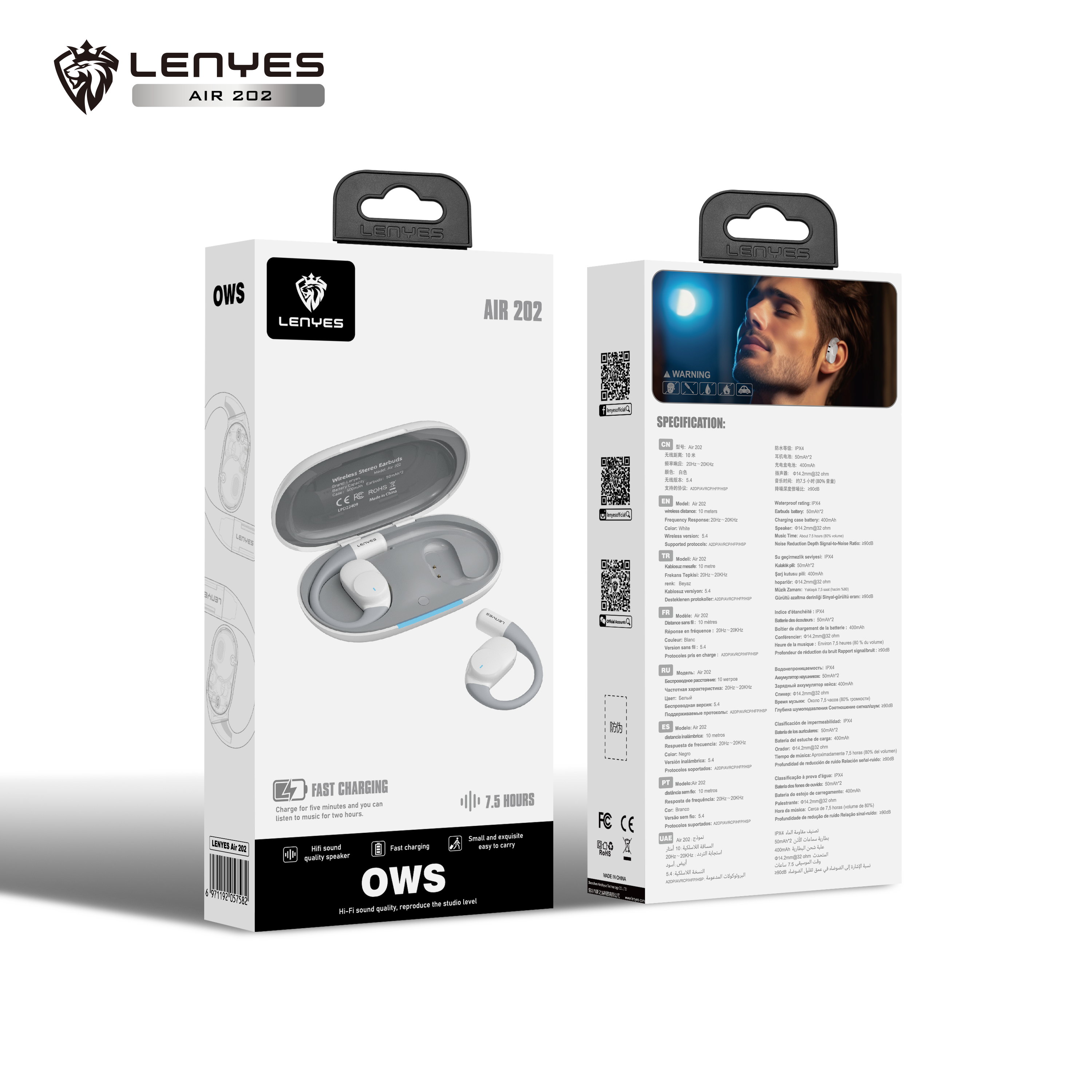 LENYES AIR 202 WHITE Auriculares Bluetooth 5.4 Abiertos con Gancho - IPX4 Resistentes al Agua 32h Batería