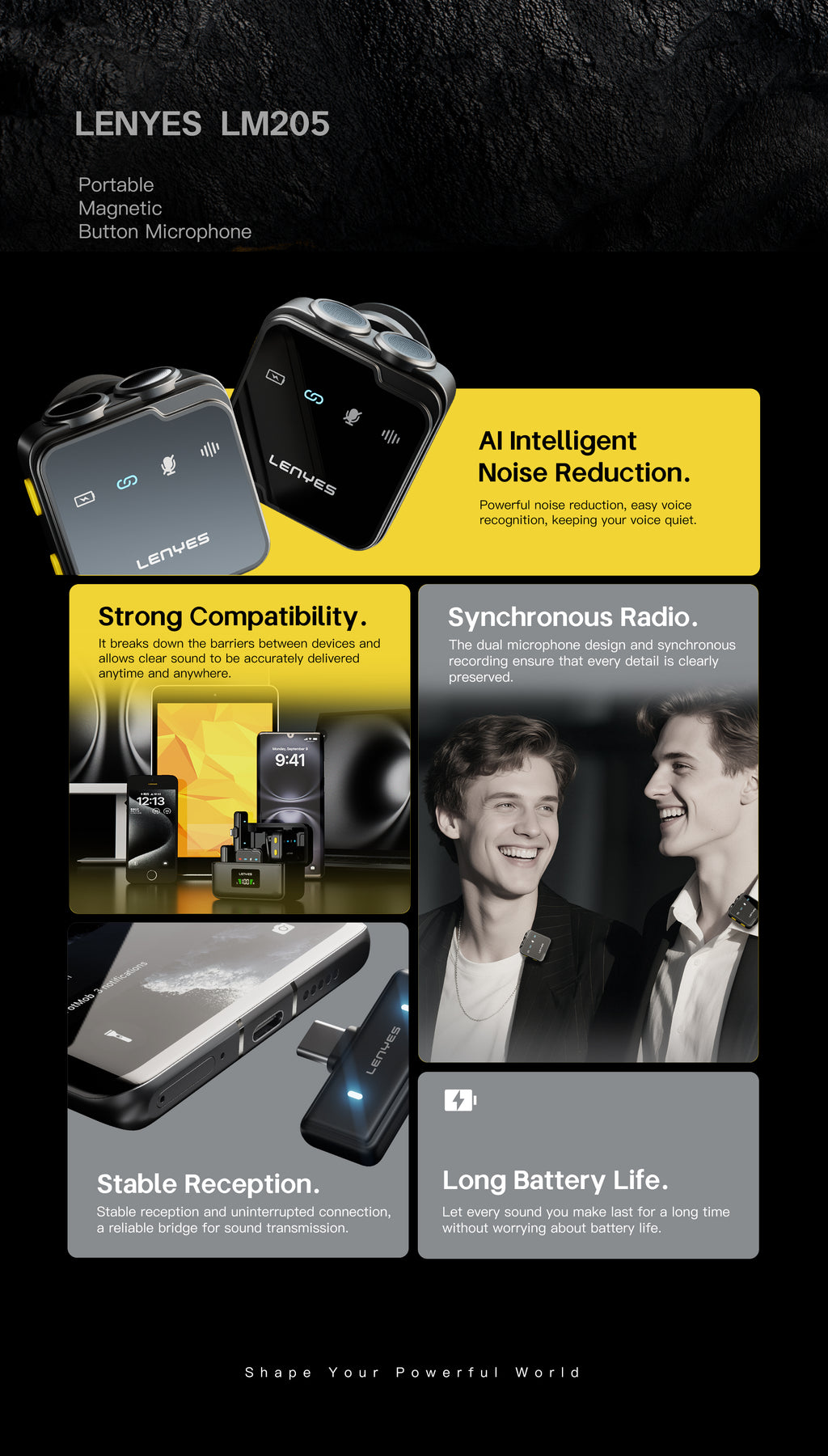 LENYES LM205 Micrófono Lavalier Inalámbrico Dual AI USB-C Lightning 6h 20m Negro