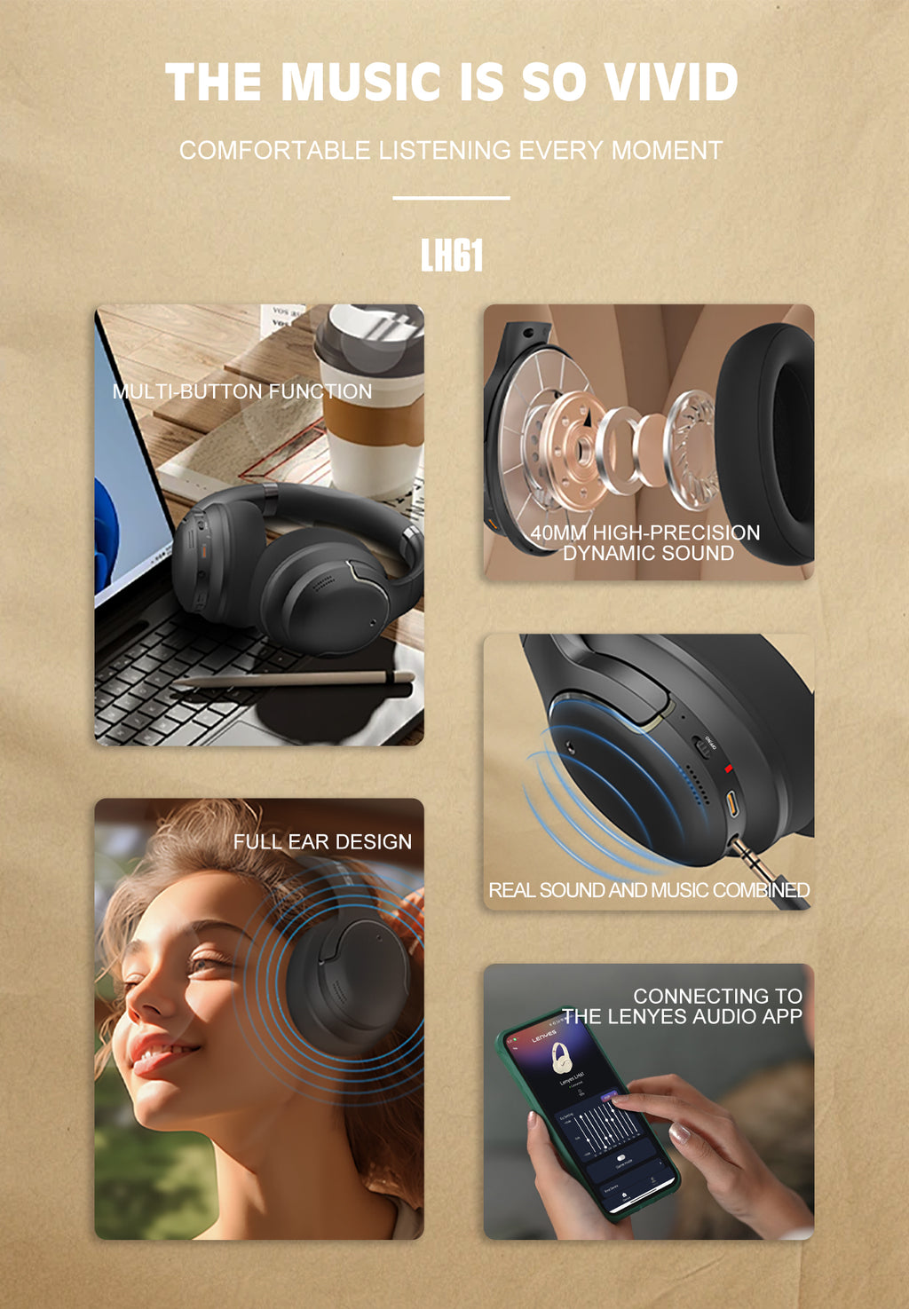 LENYES LH61 Auriculares Bluetooth 40mm Plegables Dual Modo Negro