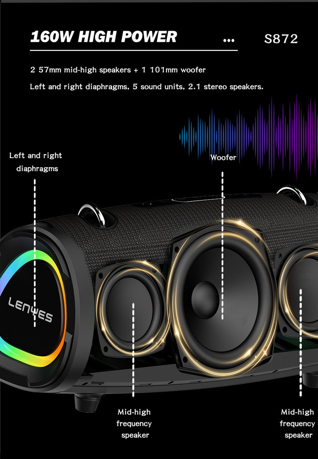 LENYES S872 Altavoz Bluetooth Portátil IPX6 TWS Compacto Negro