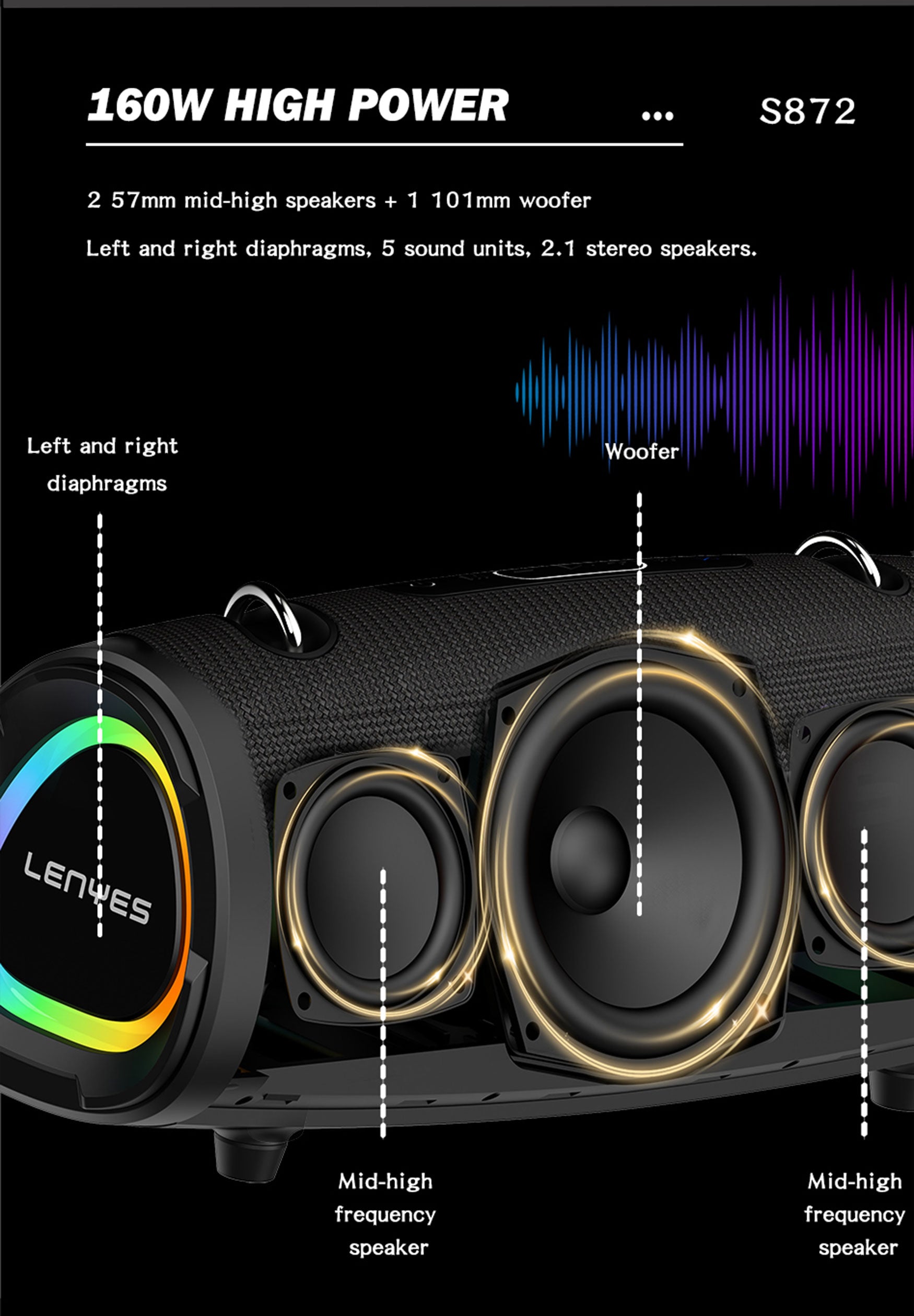 LENYES S872 Altavoz Bluetooth Portátil IPX6 TWS Compacto Negro