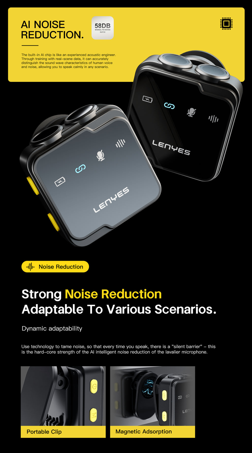 LENYES LM205 Micrófono Lavalier Inalámbrico Dual AI USB-C Lightning 6h 20m Negro