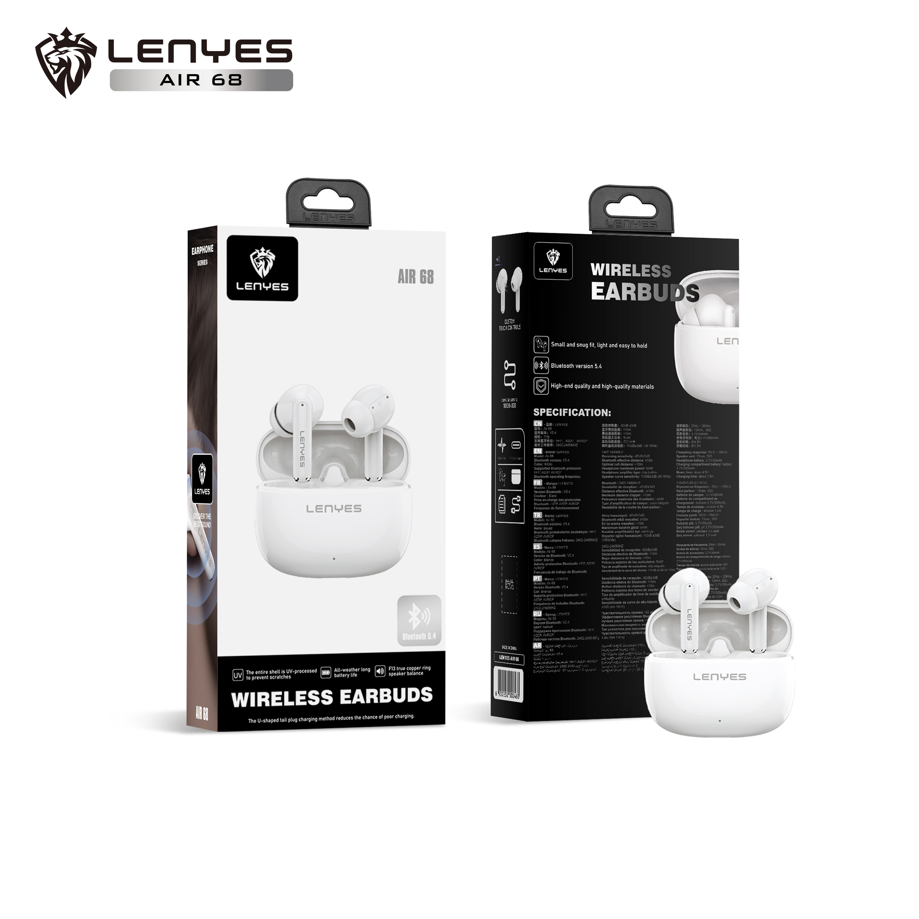 LENYES Air 68 WHITE Auriculares Bluetooth 5.4 TWS con Control Táctil - Diseño Compacto y Ligero