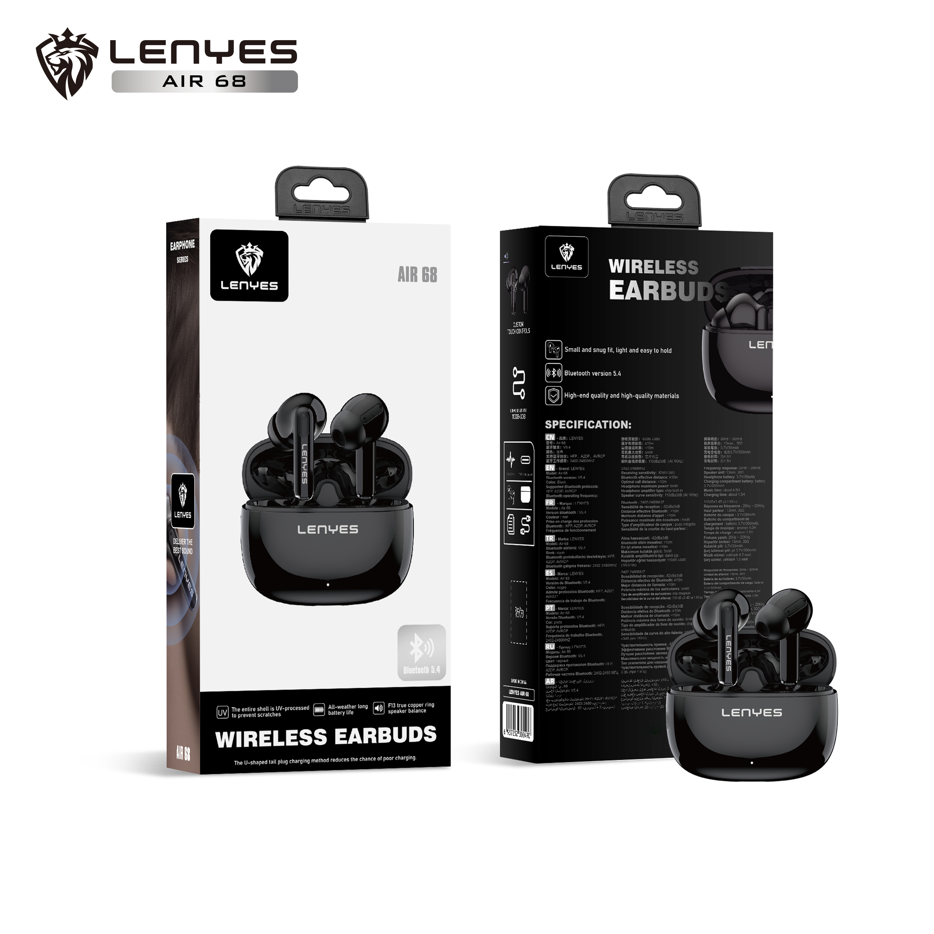 LENYES Air 68 BLACK Auriculares Bluetooth 5.4 TWS con Control Táctil - Diseño Compacto y Ligero