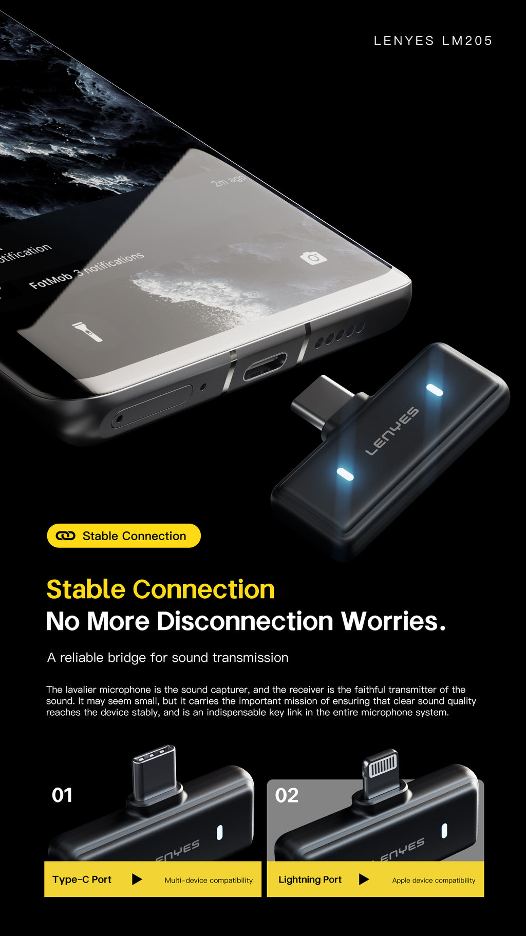 LENYES LM205 Micrófono Lavalier Inalámbrico Dual AI USB-C Lightning 6h 20m Negro