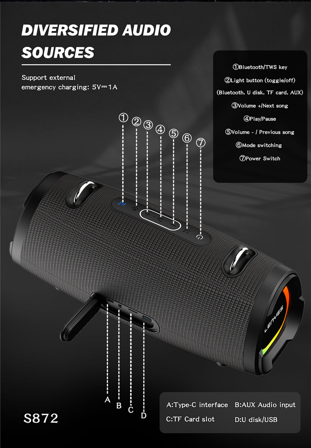 LENYES S872 Altavoz Bluetooth Portátil IPX6 TWS Compacto Negro