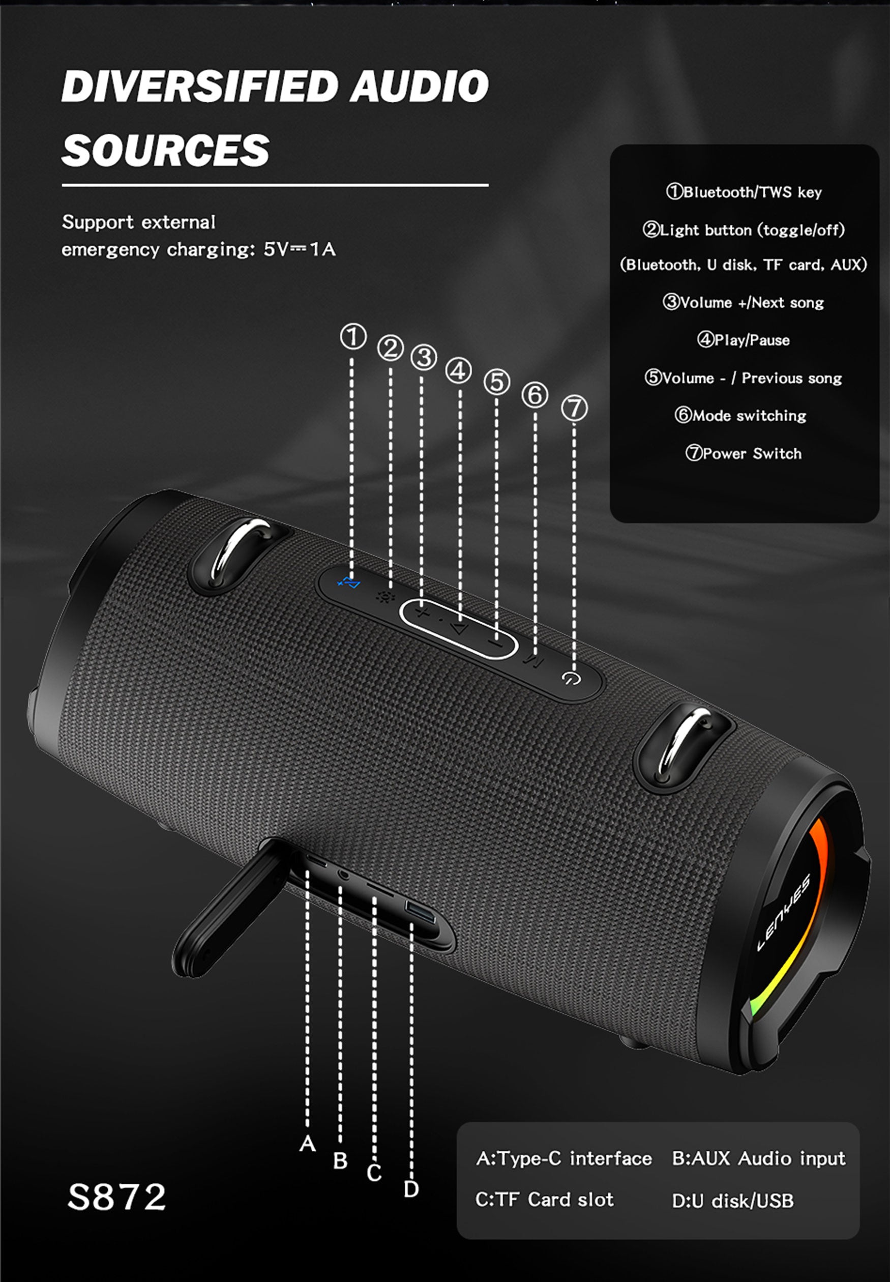 LENYES S872 Altavoz Bluetooth Portátil IPX6 TWS Compacto Negro